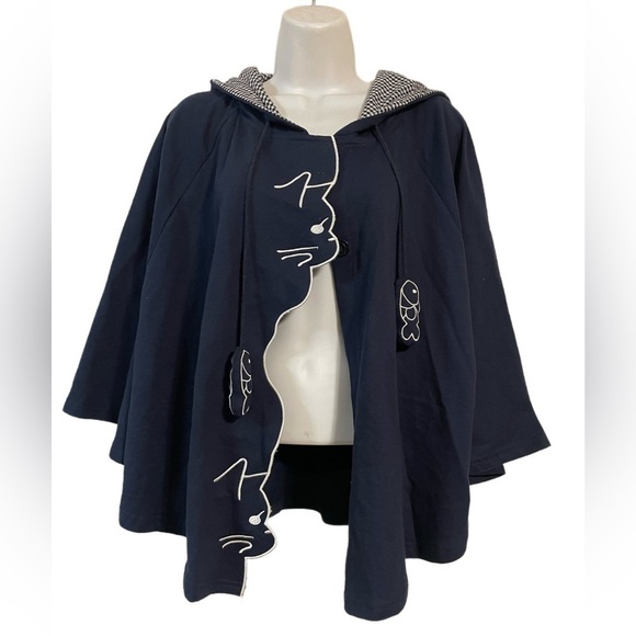 Women’s navy blue while embroidered bow cat fish poncho hooded raincoat - Picture 8 of 9